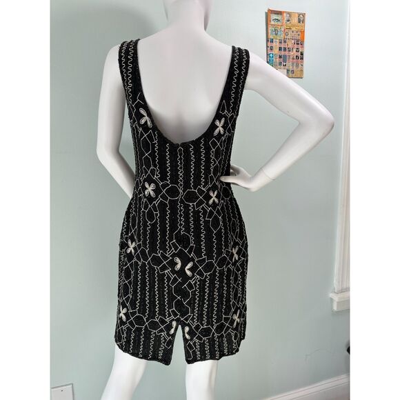 Vintage Laurence Kazar Black Beaded Art Deco Style Silk Cocktail Dress size L - Picture 2 of 12